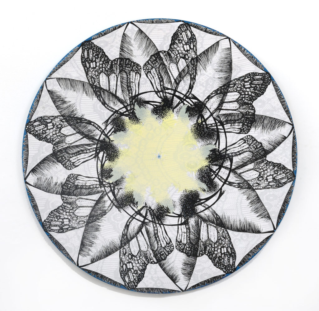 Amelia Hankin, Migration, 1, mixed media on round wood panel, 16 x 16 inches