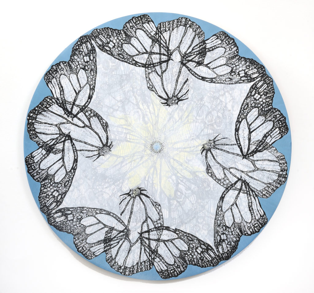 Amelia Hankin, Migration, 2, mixed media on round wood panel, 16 x 16 inches