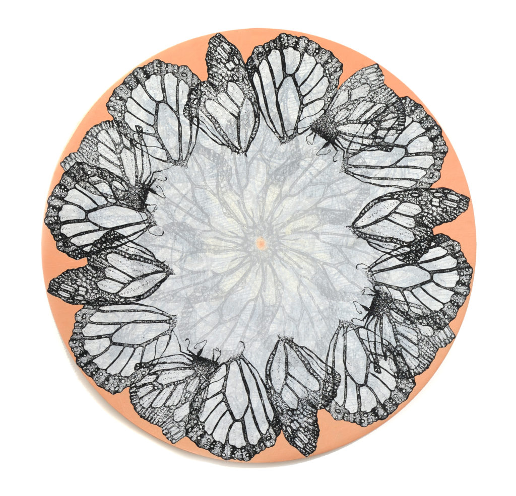 Amelia Hankin, Migration, 3, mixed media on round wood panel, 18 x 18 inches