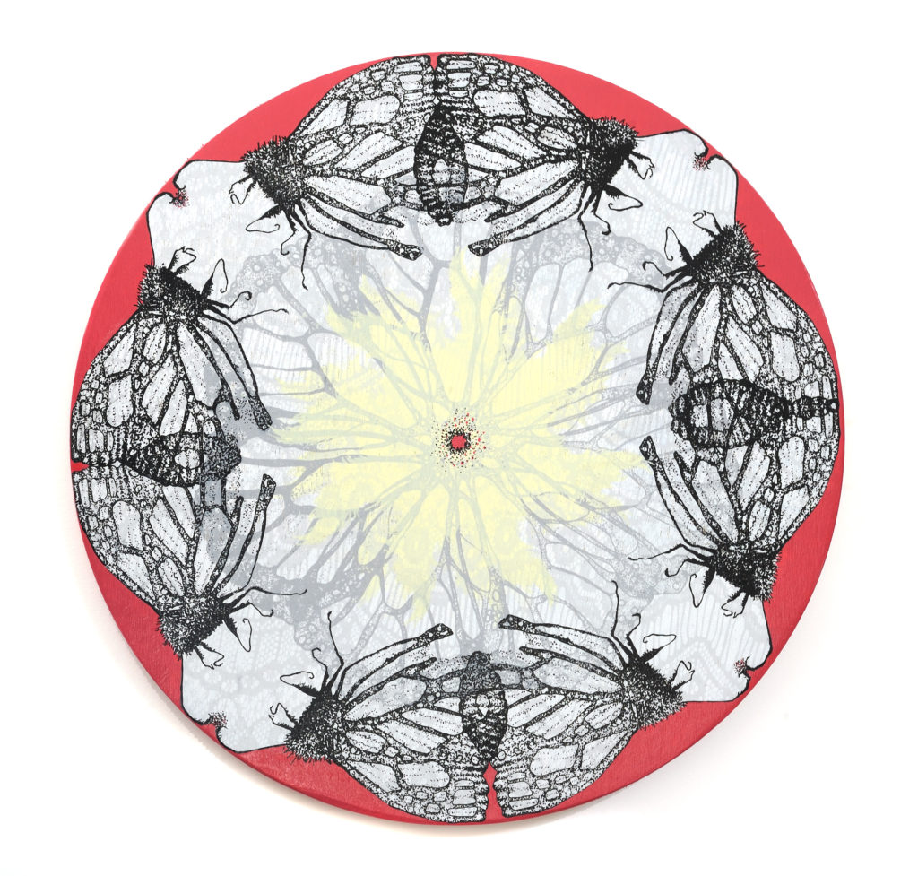 Amelia Hankin, Migration, mixed media on round wood panel, 16 x 16 inches