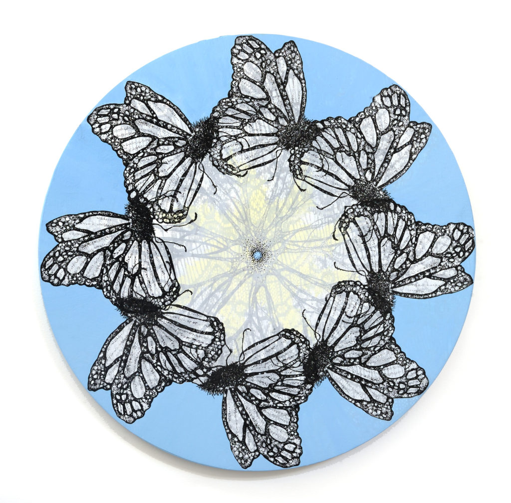 Amelia Hankin, Migration 10, mixed media on round wood panel, 14 x 14 inches