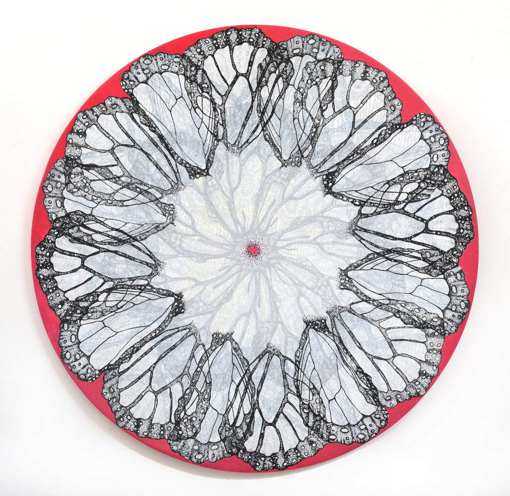 Amelia Hankin, Migration 8, mixed media on round wood panel, 16 x 16 inches