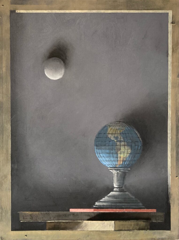 William Ciccariello, Globe with Full Moon , 2022, oil on board, 16 x 12 inches