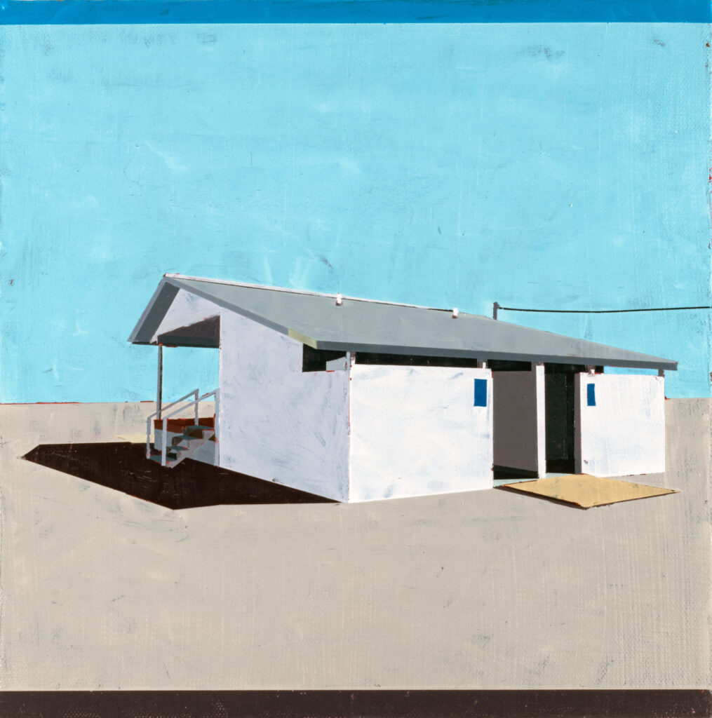 Mark Bradley-Shoup, VFW Fairgrounds Stage and Restrooms, Scotttsboro, oil on canvas, 14.75 x 14.75 inches