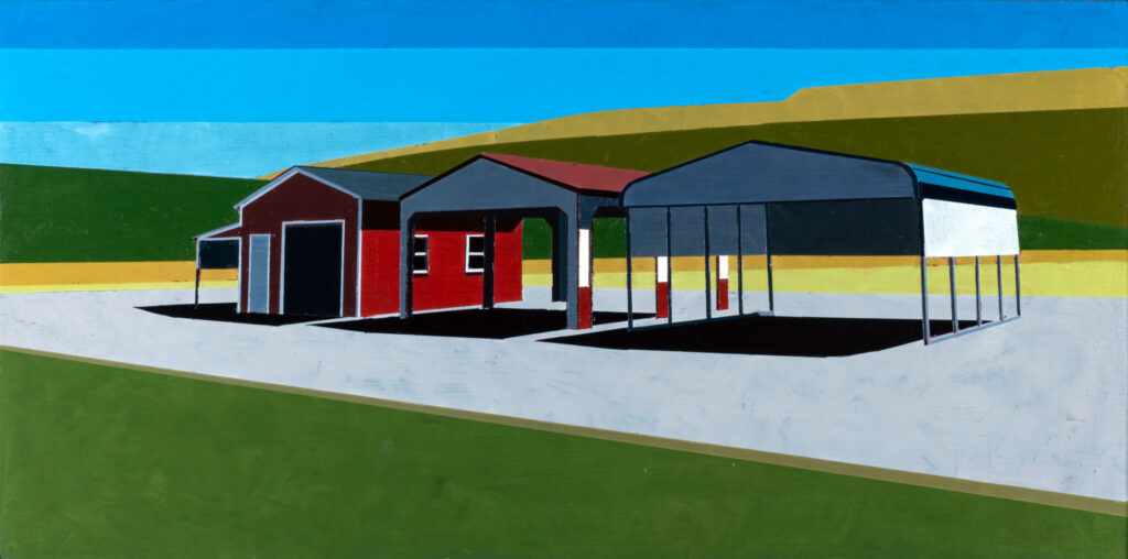 Mark Bradley-Shoup, Sheltered Gathering Lee's Station, oil on canvas, 11.75 x 23.75 inches