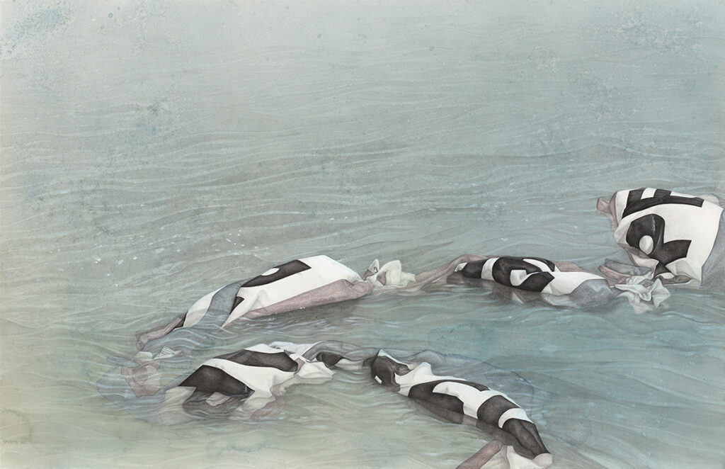 Evelyn Rydz, Open Waters #!(Merrimack/Atlantic) 26” x 40” each graphite, color pencil, gouache, watercolor and saltwater on paper 2023