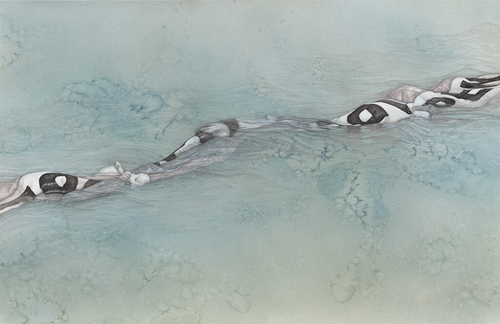 Evelyn Rydz, Open Waters #2(Merrimack/Atlantic) 26” x 40” each graphite, color pencil, gouache, watercolor and saltwater on paper 2023