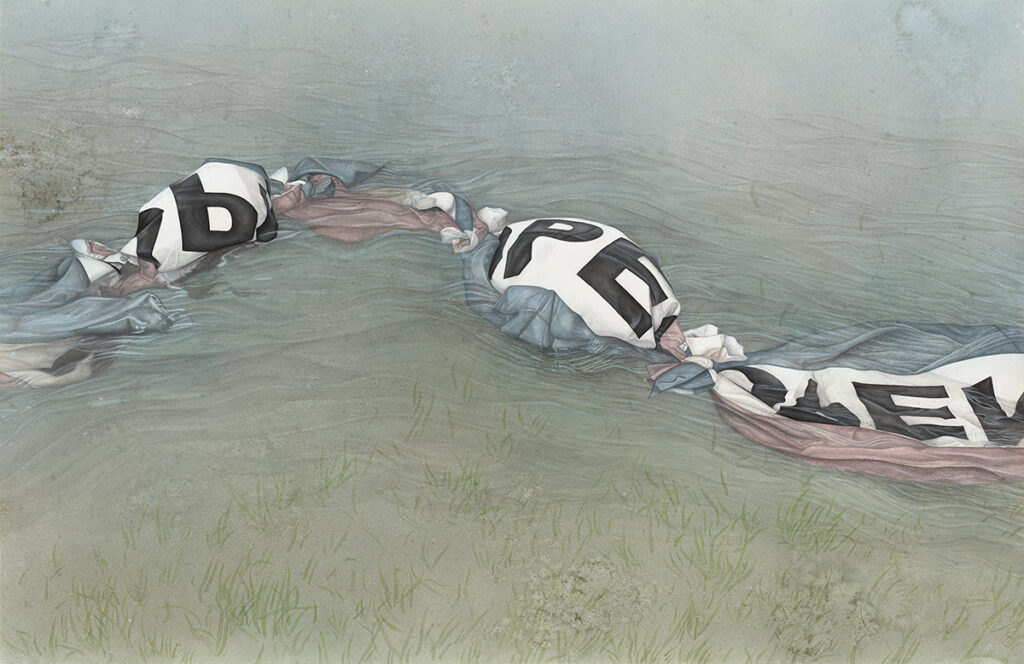 Evelyn Rydz, Open Waters #3(Merrimack/Atlantic) 26” x 40” each graphite, color pencil, gouache, watercolor and saltwater on paper 2023