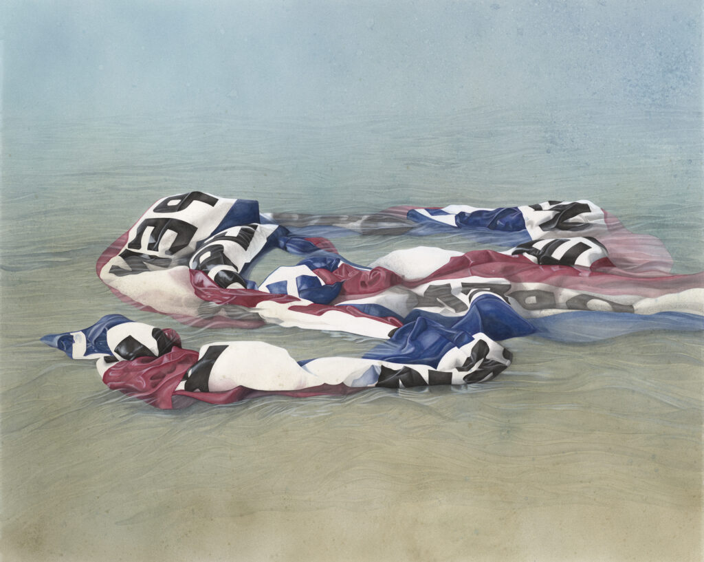 Evelyn Rydz, Open Waters, Flags of Convenience, 2023, graphite, color pencil, watercolor, gouache and salt water on paper, 36 x 55 inches