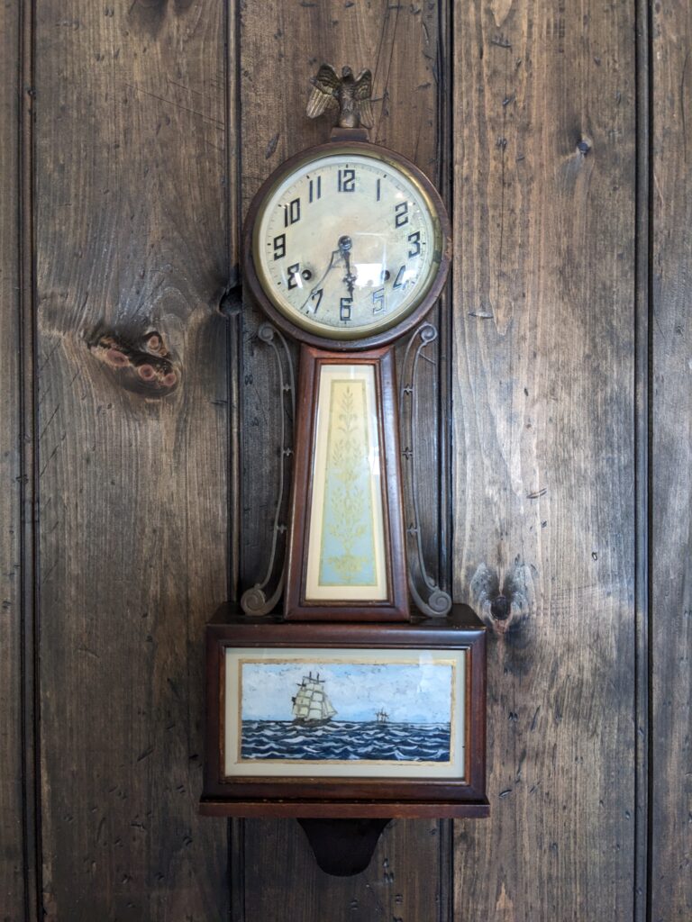 William Pettit, Banjo Clock, mixed media, 29 x 9 1/2 inches