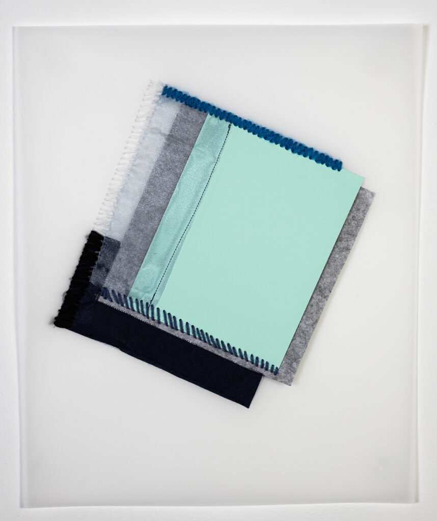 Rachel Hellmann, Darn, 2023, Fabric, Yarn, Felt, Acrylic Paint on Duralar, 17 x 14 inches