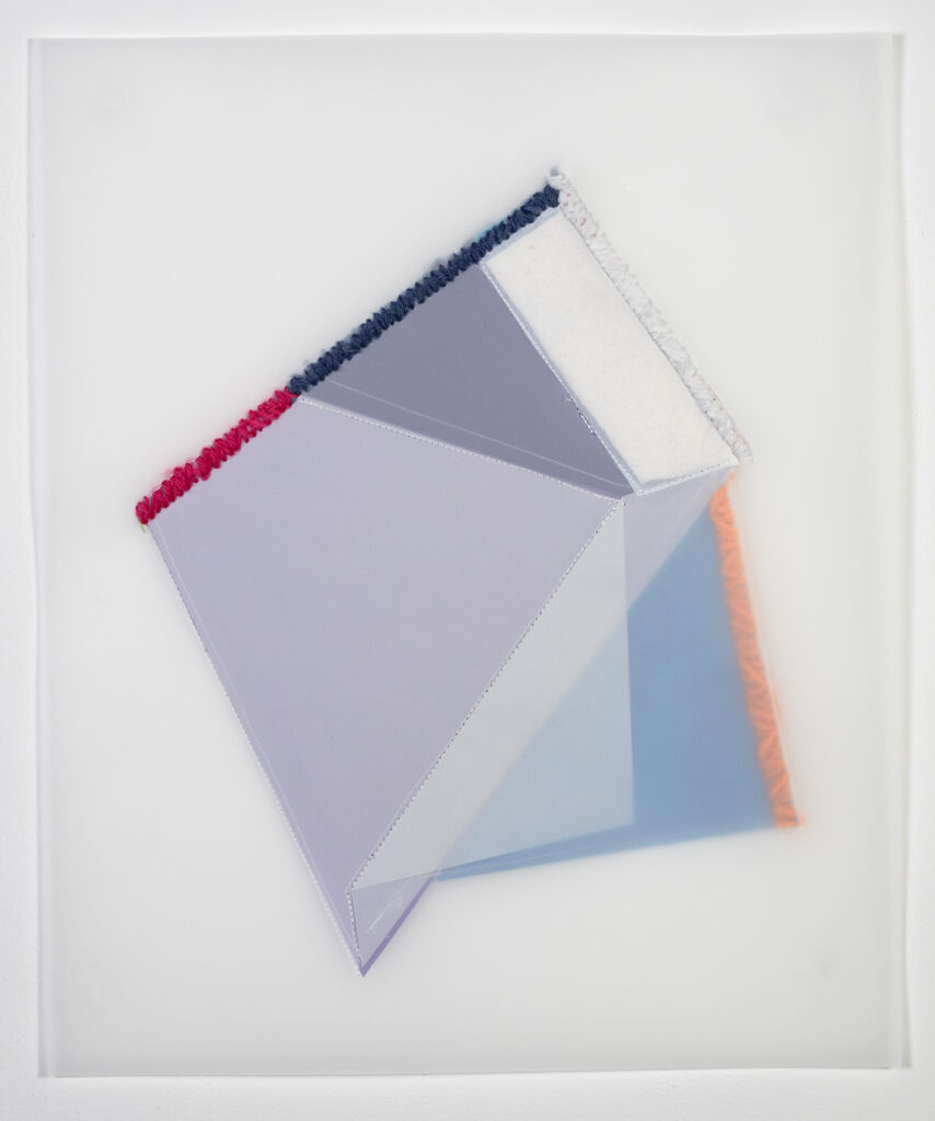 Rachel Hellmann, Feather, 2023, Fabric, Yarn, Felt, Acrylic Paint on Duralar, 17 x 14 inches