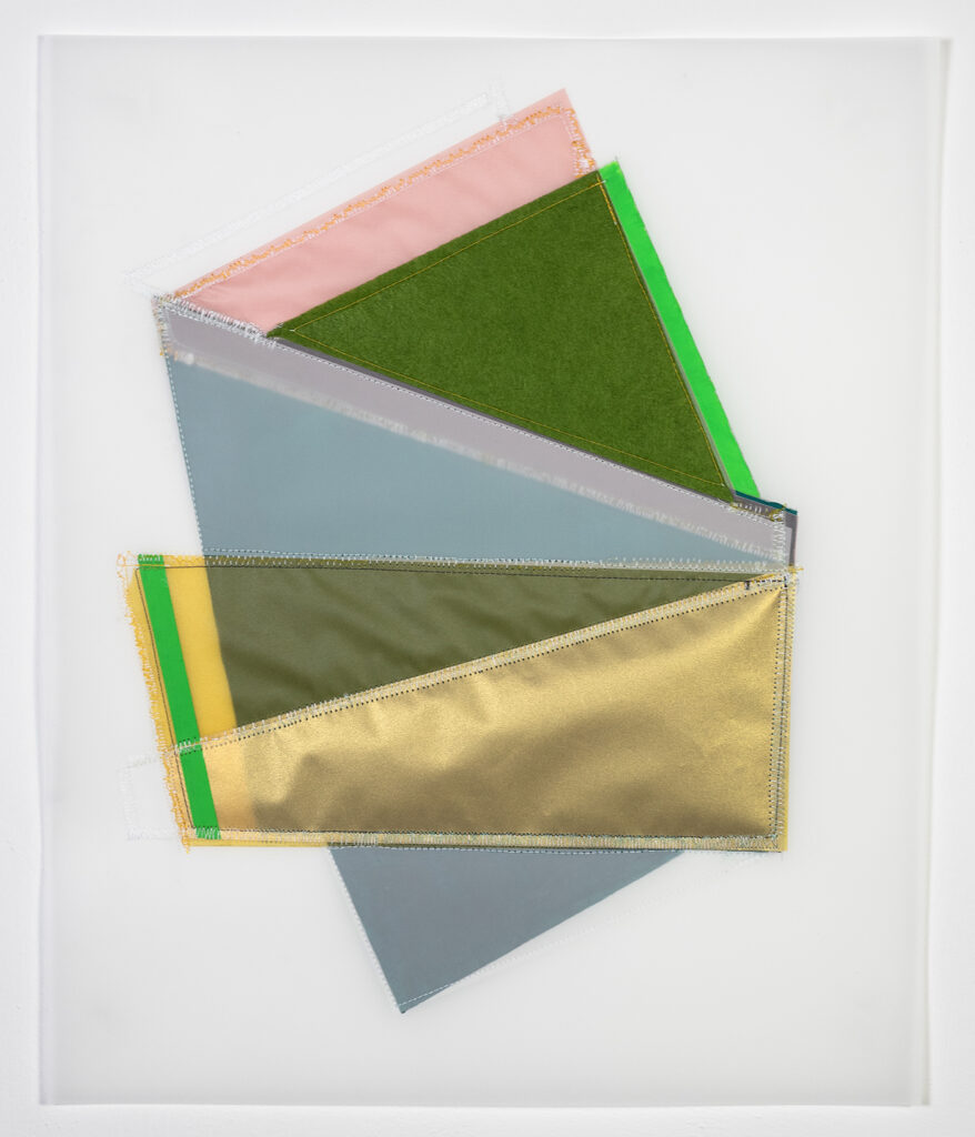 Rachel Hellmann, Tack, 2023, Fabric, Yarn, Felt, Acrylic Paint on Duralar, 17 x 14 inches