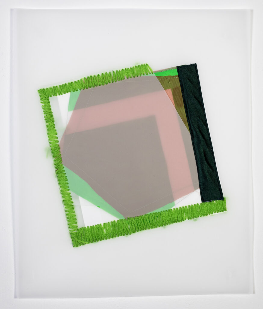 Rachel Hellmann, By Hand, 2023, Fabric, Yarn, Felt, Acrylic Paint on Duralar, 17 x 14 inches