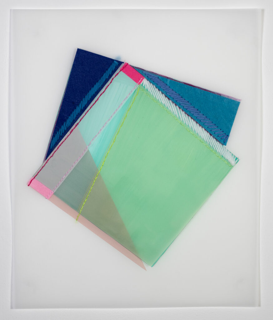 Rachel Hellmann, Across, 2023, Fabric, Yarn, Felt, Acrylic Paint on Duralar, 17 x 14 inches