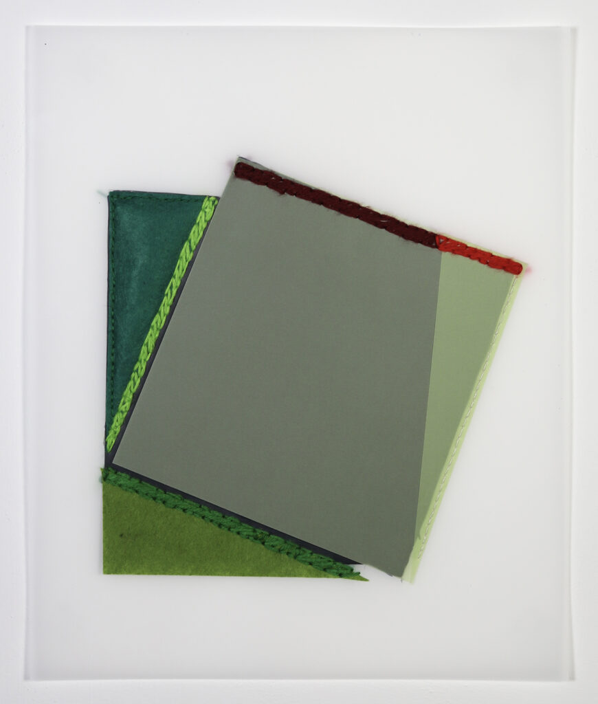 Rachel Hellmann, Hem, 2023, Fabric, Yarn, Felt, Acrylic Paint on Duralar, 17 x 14 inches