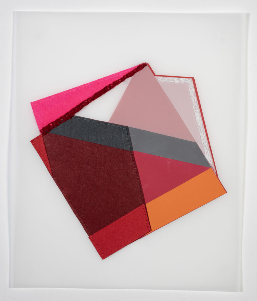 Rachel Hellmann, Eyelet, 2023, Fabric, Yarn, Felt, Acrylic Paint on Duralar, 17 x 14 inches