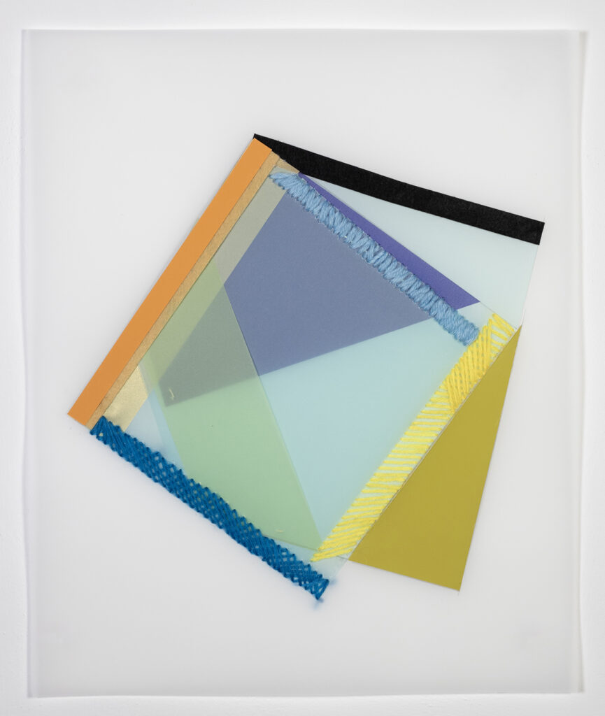 Rachel Hellmann, Notion, 2023, Fabric, Yarn, Felt, Acrylic Paint on Duralar, 17 x 14inches
