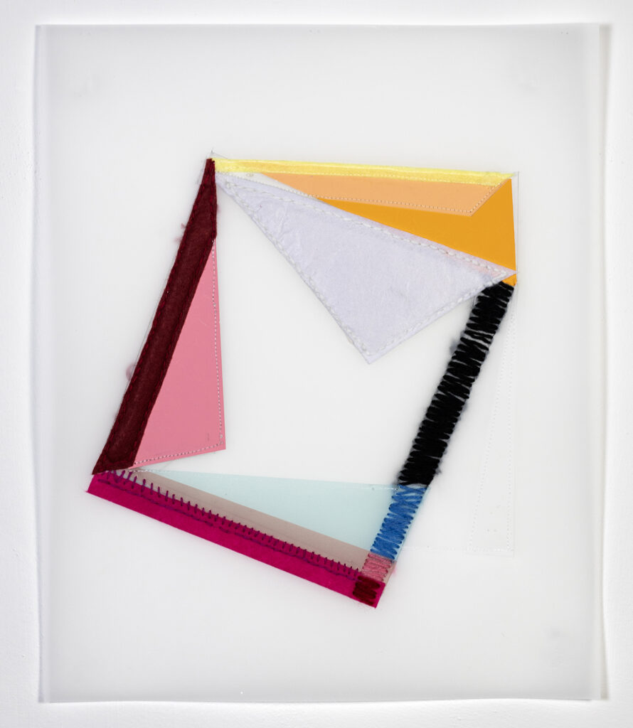 Rachel Hellmann, Ballpoint, 2023, Fabric, Yarn, Felt, Acrylic Paint on Duralar, 17 x 14 inches