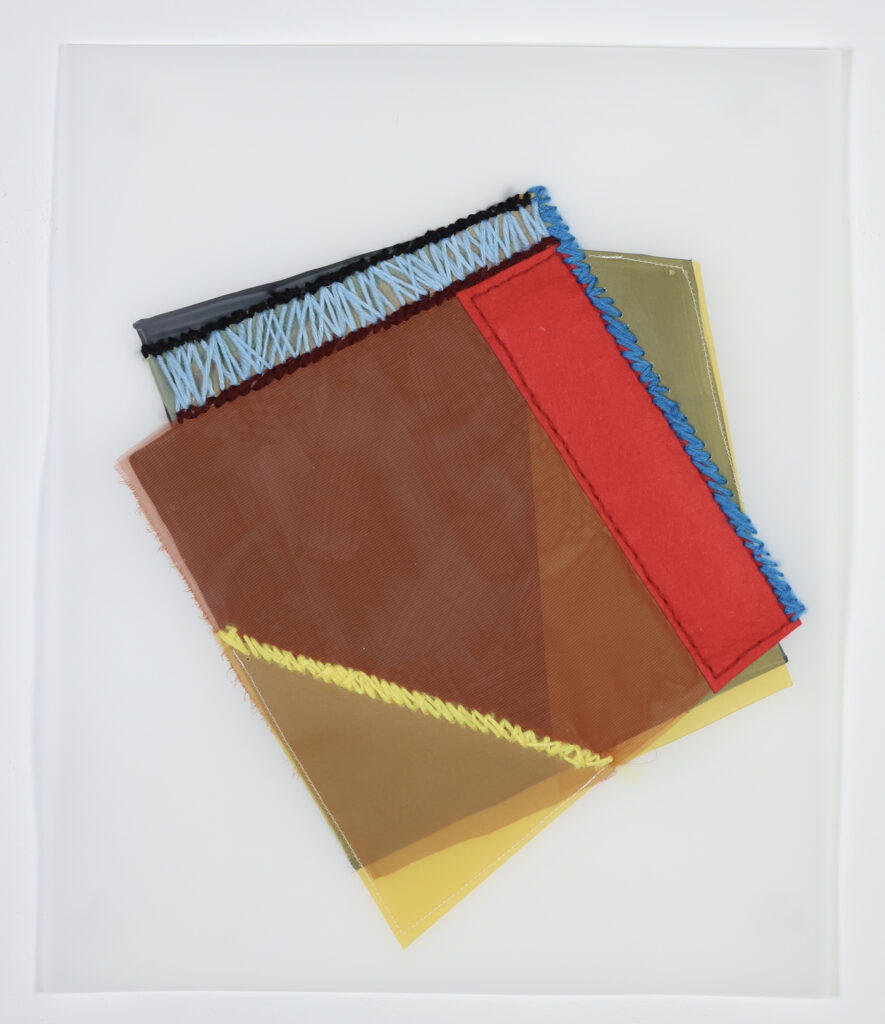 Rachel Hellmann, Bobbin, 2023, Fabric, Yarn, Felt, Acrylic Paint on Duralar, 17 x 14 inches
