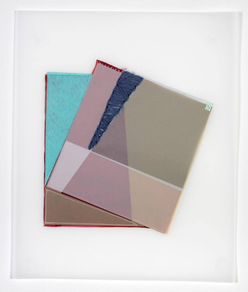 Rachel Hellmann, Crossgrain, 2023, Fabric, Yarn, Felt, Acrylic Paint on Duralar, 17 x 14 inches