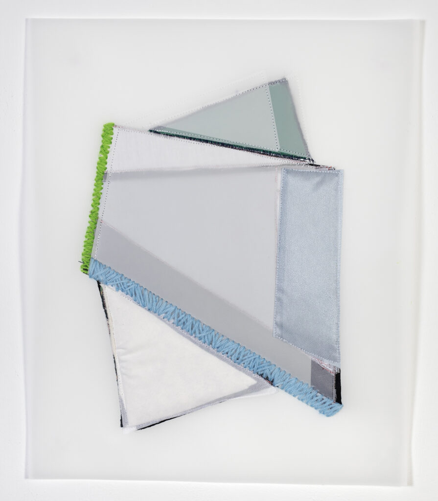 Rachel Hellmann, Double Needle, 2023, Fabric, Yarn, Felt, Acrylic Paint on Duralar, 17 x 14 inches