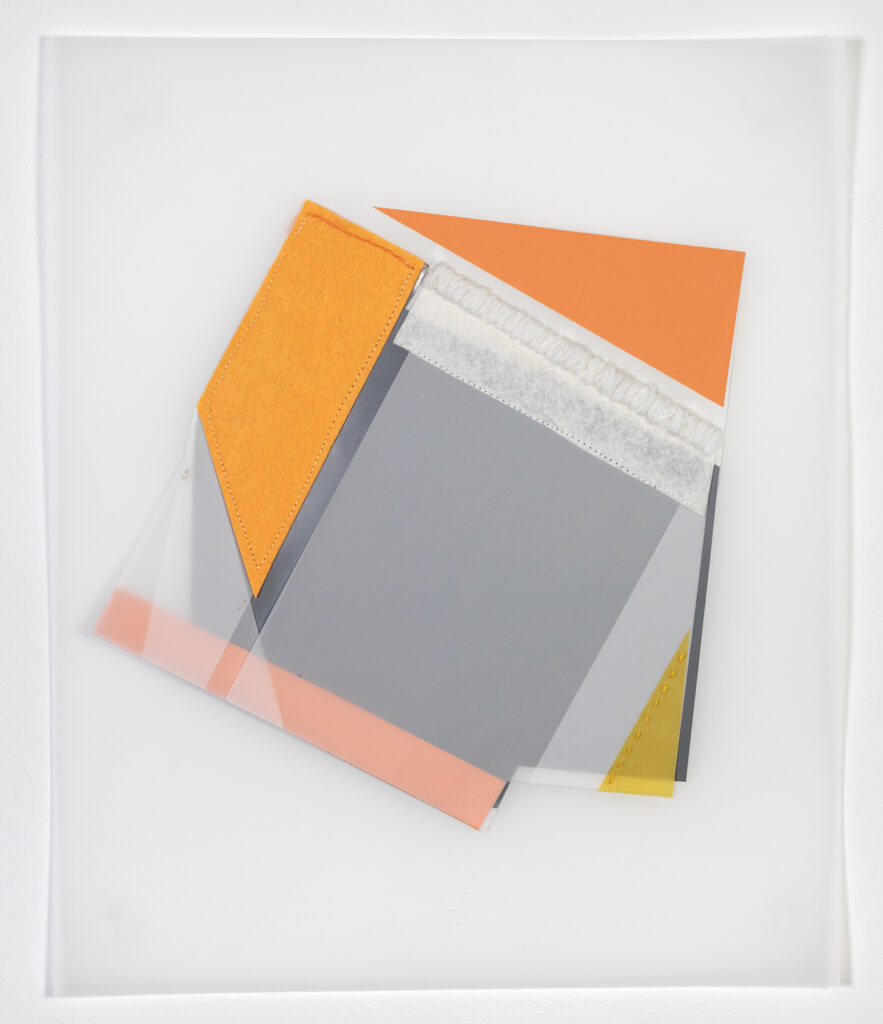 Rachel Hellmann, Interface, 2023, Fabric, Yarn, Felt, Acrylic Paint on Duralar, 17 x 14 inches