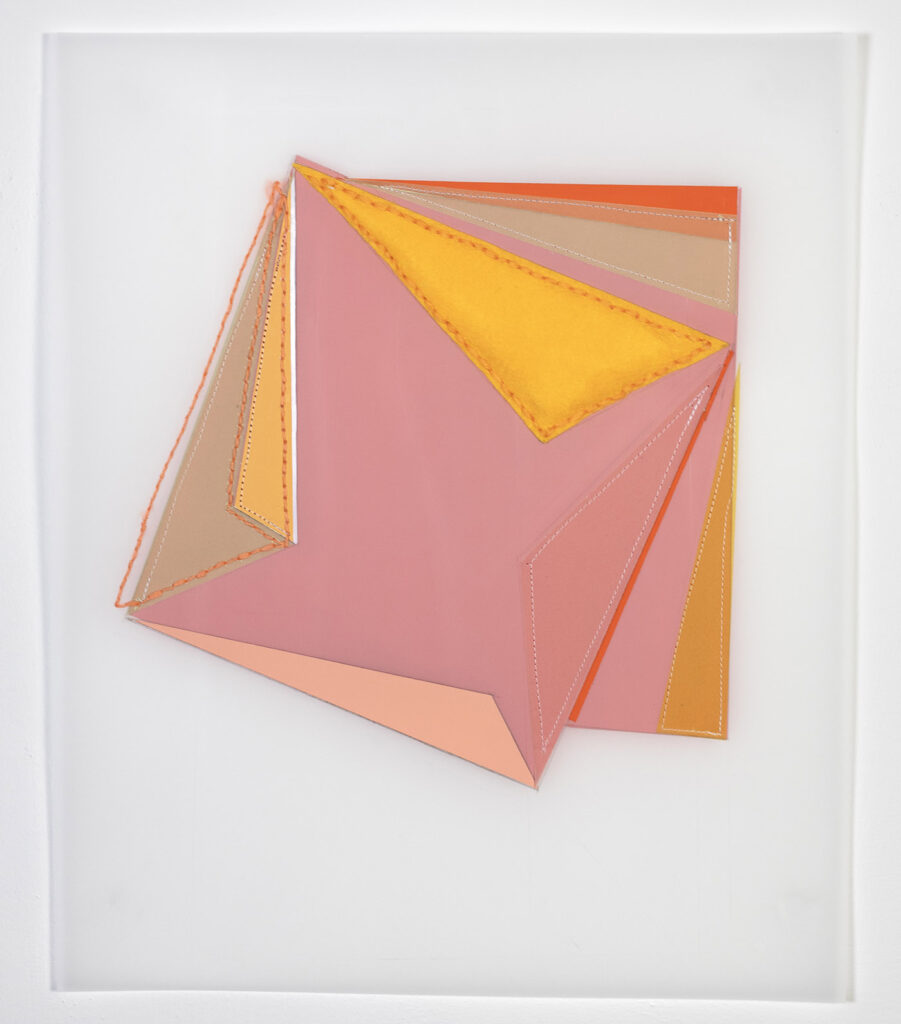 Rachel Hellmann, Overlay, 2023, Fabric, Yarn, Felt, Acrylic Paint on Duralar, 17 x 14 inches