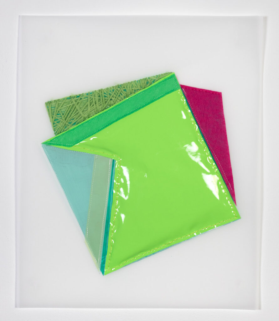 Rachel Hellmann, Pleat, 2023, Fabric, Yarn, Felt, Acrylic Paint on Duralar, 17 x 14 inches