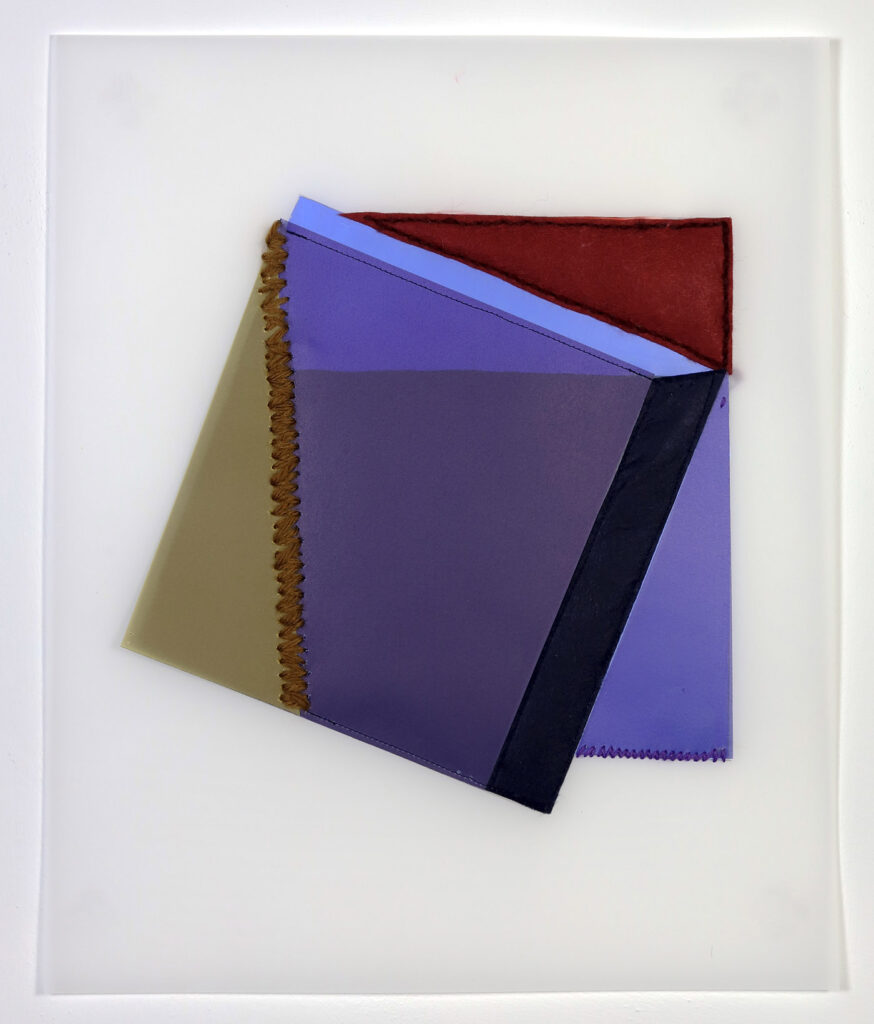 Rachel Hellmann, Underlay, 2023, Fabric, Yarn, Felt, Acrylic Paint on Duralar, 17 x 14 inches