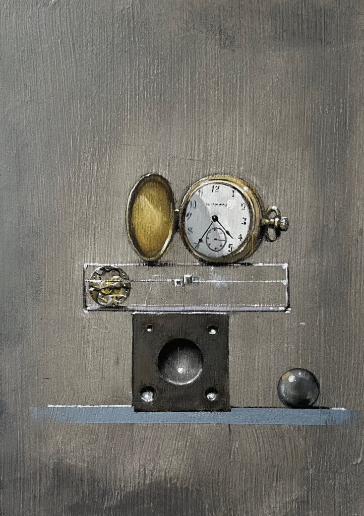 William Ciccariello, Open Pocketwatch, 2023, oil on board 9 1/2 x 7 inches