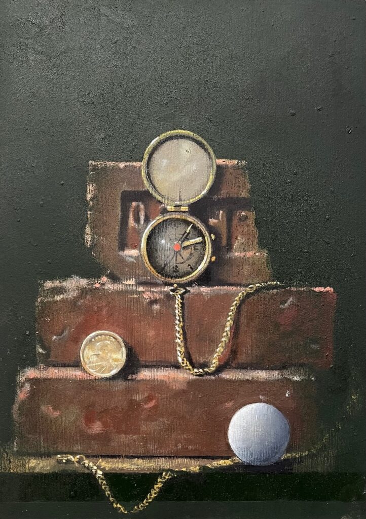 William Ciccariello, Compass and Coin, 2023, oil on board 9 1/2 x 7 inches