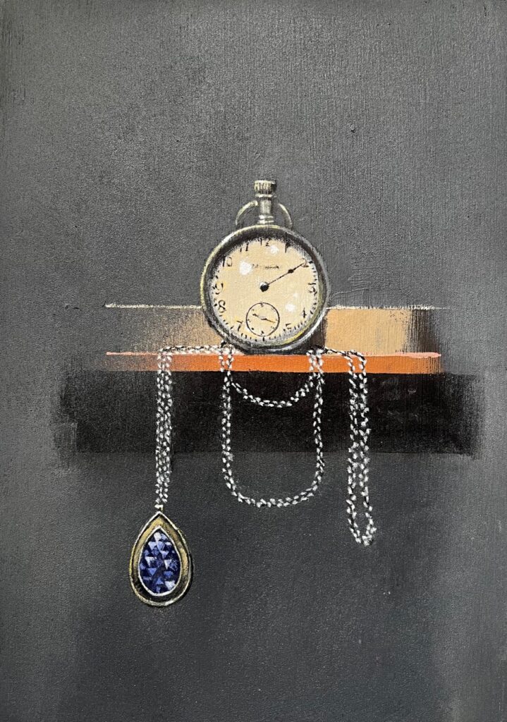 William Ciccariello, Pocketwatch and Necklace, 2023, oil on board 9 1/2 x 7 inches