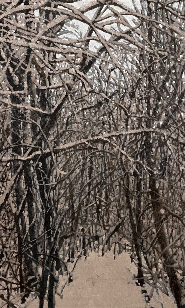 William Ciccariello, Path, Trees, Snow, 2021, oil on canvas, 18 x 11 inches