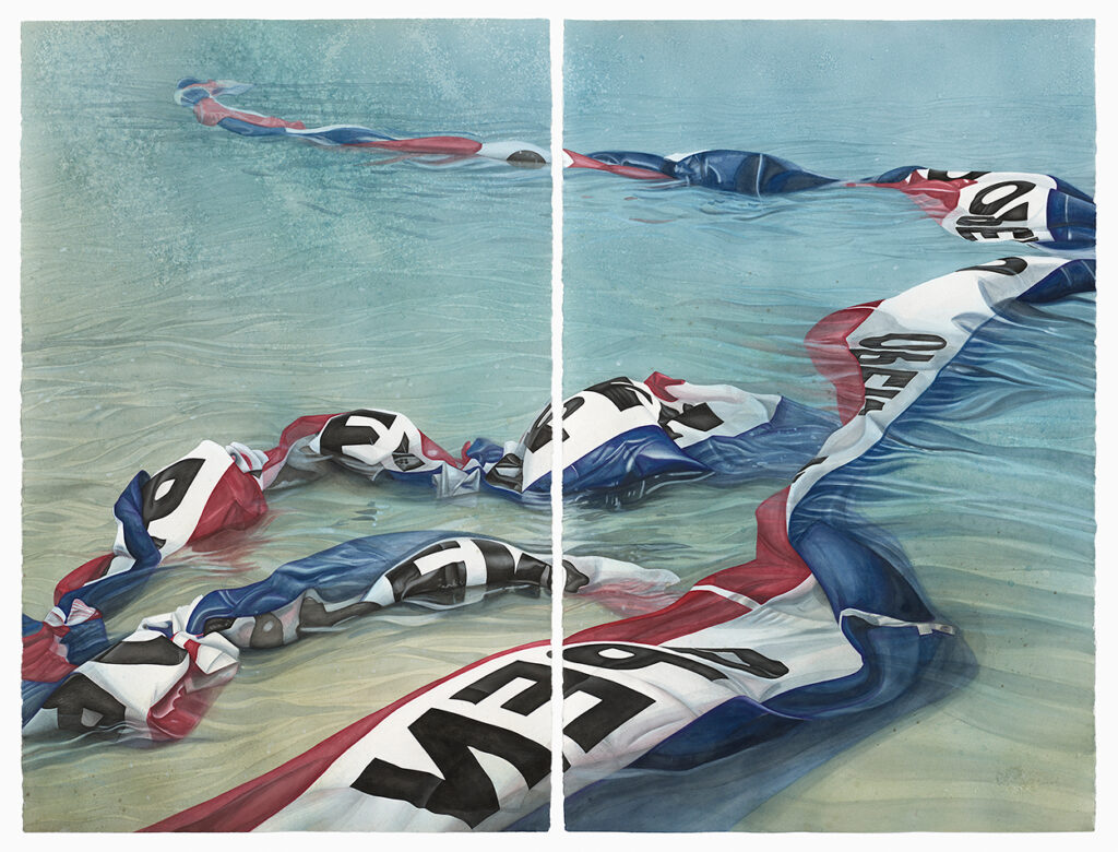 Evelyn Rydz, Open Waters (Flags of Convenience), diptych, 2023, graphite, color pencils, watercolor, gouache, salt water on paper, 40 x 52 inches