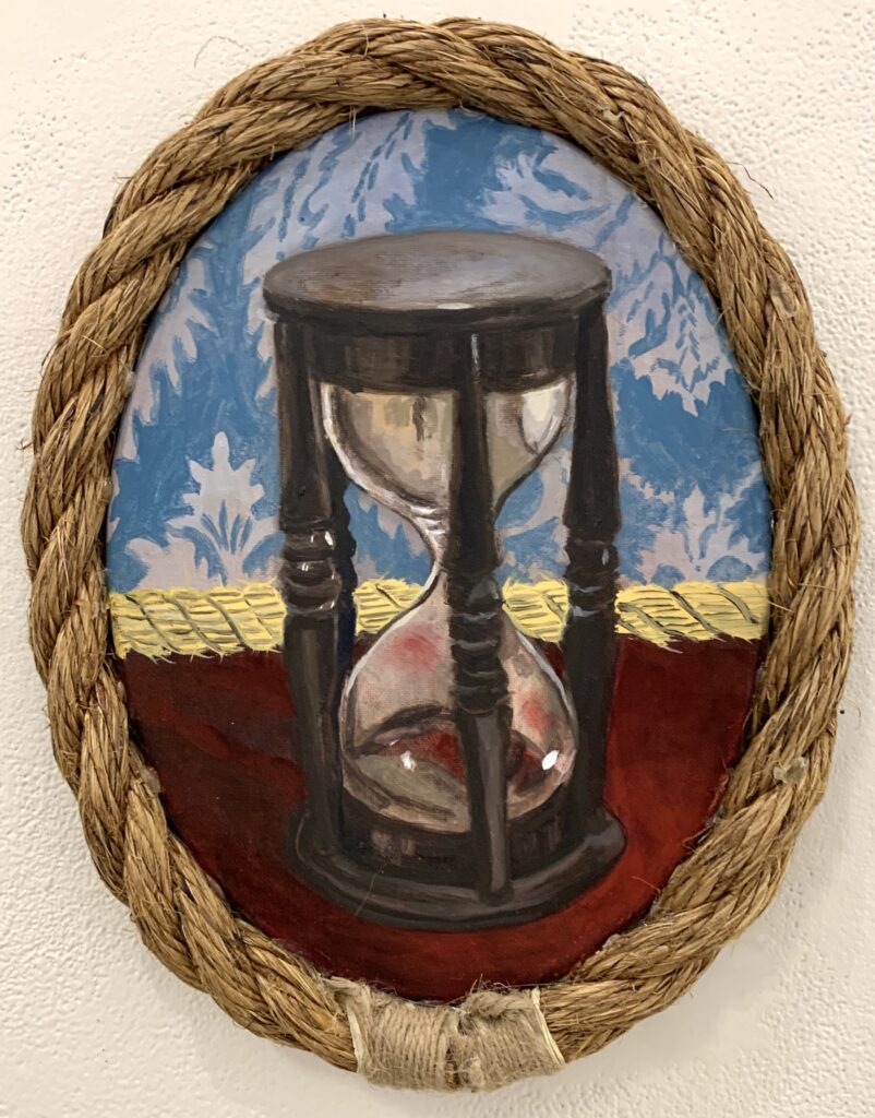 William Pettit and Candice Smith Corby, Hourglass, oil on linen and rope, 11 1/2 x 8 1/2 inches