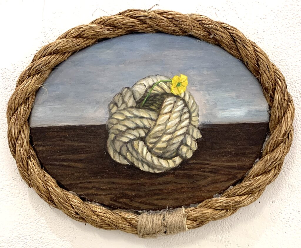 William Pettit and Candice Smith Corby, Lover's Knot, oil on linen and rope, 8 1/2 x 11 1/2 inches