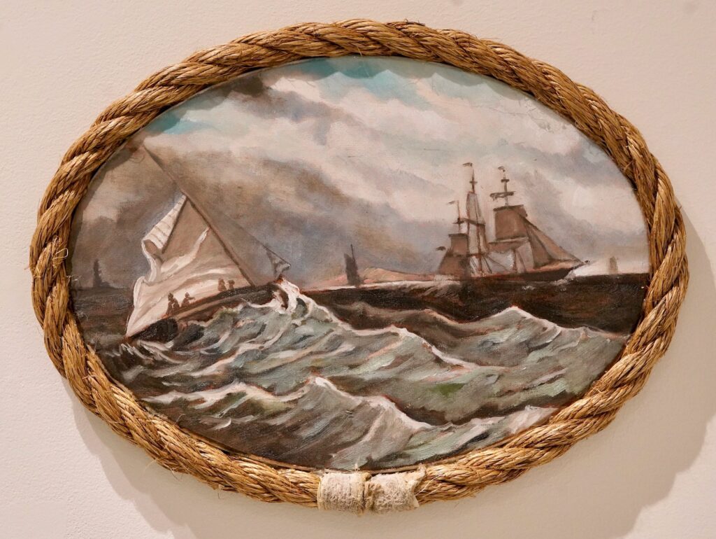 WILLIAM PETTIT, Vessel in Tempest, oil on canvas with rope, 9 3/4 x 13 3/4 inches