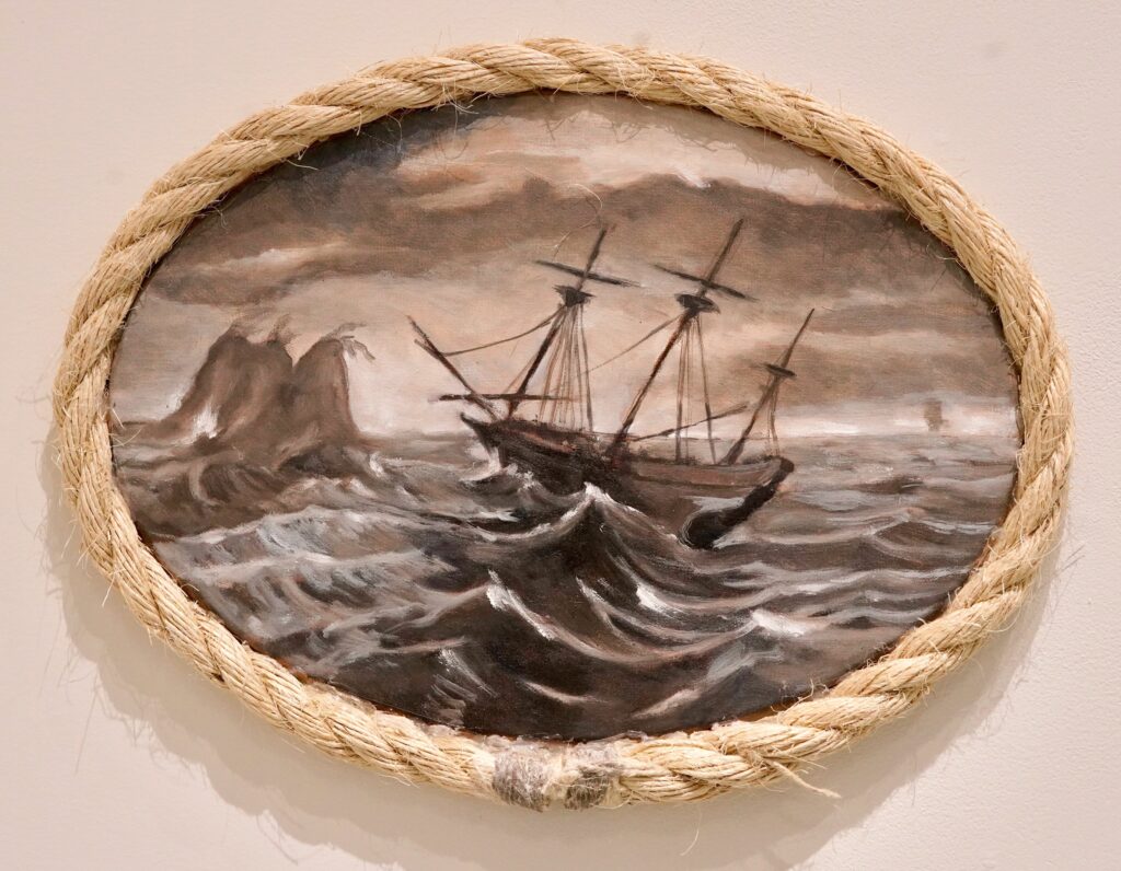 WILLIAM PETTIT, Hove-To, oil on canvas with rope, 9 3/4 x 13 3/4 inches